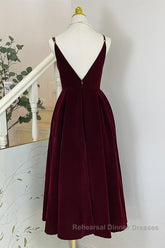 A Line V Neck Burgundy Black Tea Length Semi Formal Prom Dresses, Short Black Wine Red Formal Homecoming Dresses